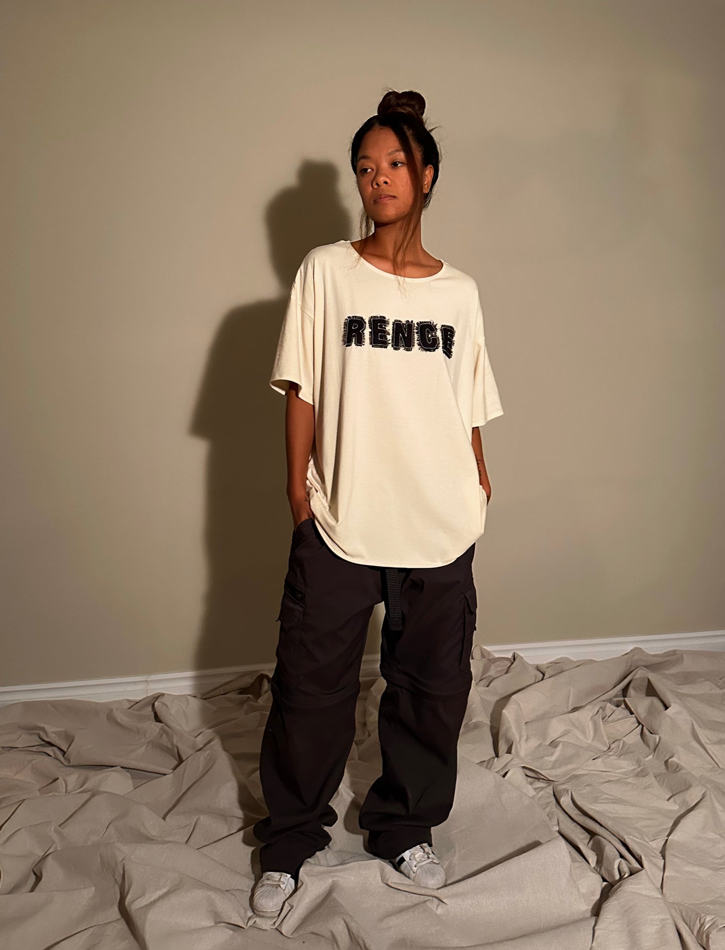 Beige Oversized Scrap Tee.